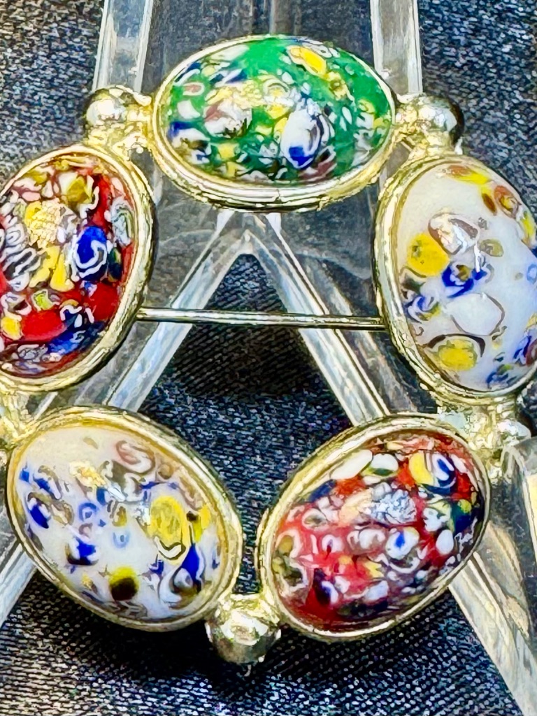 Colorful Millefiori Glass Brooch - Multicolor Floral Ovals